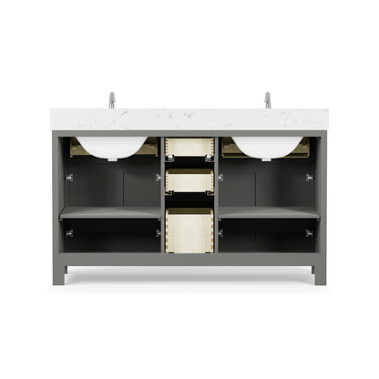 Caroline 60" Double Bath Vanity in Gray with Cultured Marble Quartz Top and Square Sinks
