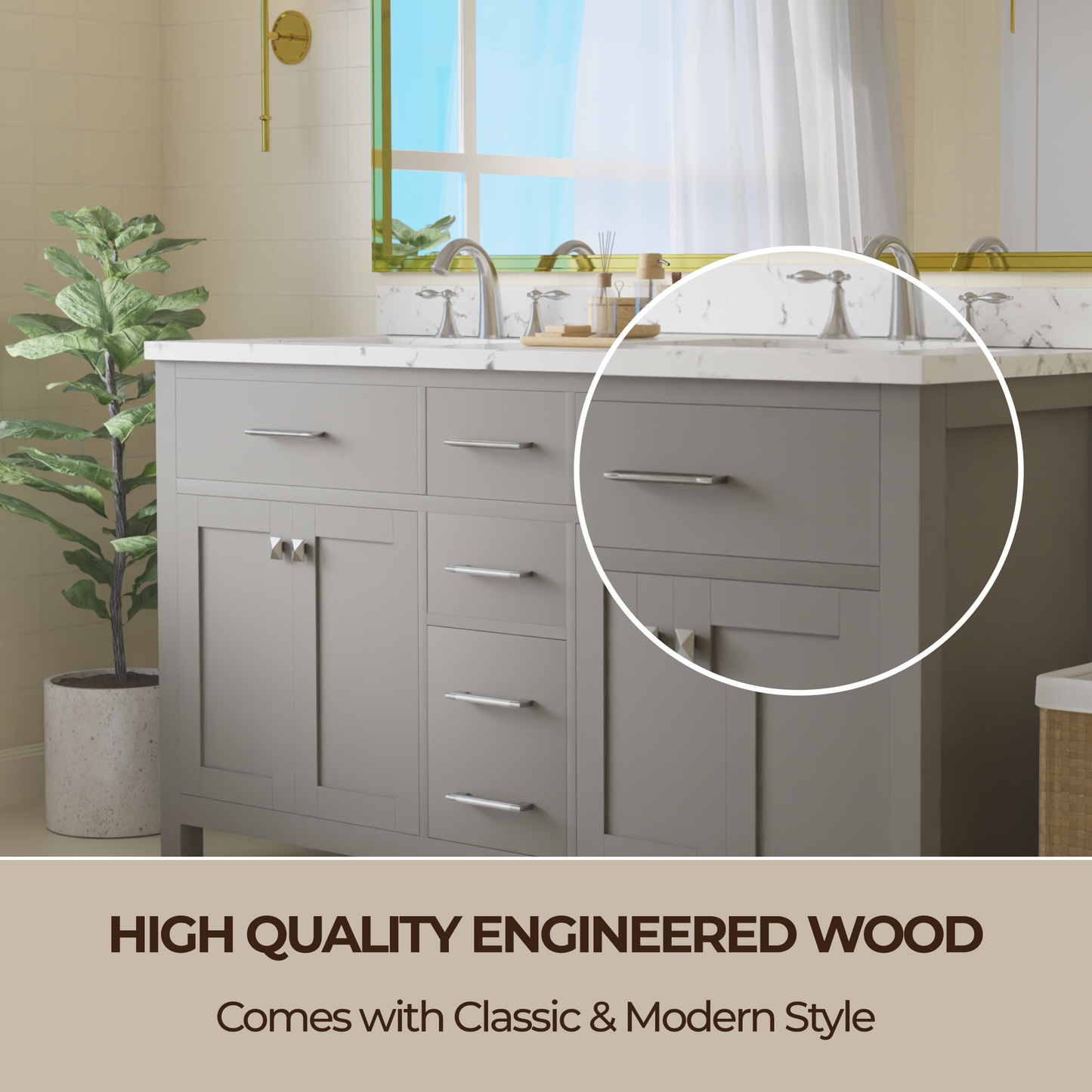 Caroline 60" Double Bath Vanity in Gray with Cultured Marble Quartz Top and Square Sinks