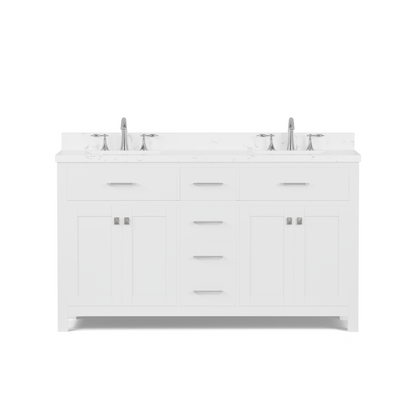 Caroline 60" Double Bath Vanity in White with Cultured Marble Quartz Top and Square Sinks