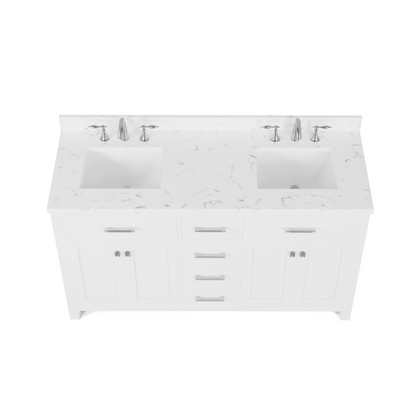 Caroline 60" Double Bath Vanity in White with Cultured Marble Quartz Top and Square Sinks