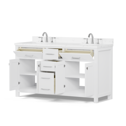 Caroline 60" Double Bath Vanity in White with Cultured Marble Quartz Top and Square Sinks