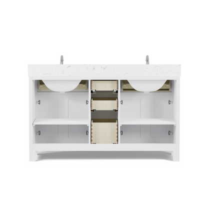 Caroline 60" Double Bath Vanity in White with Cultured Marble Quartz Top and Square Sinks