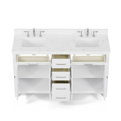 Caroline 60" Double Bath Vanity in White with Cultured Marble Quartz Top and Square Sinks