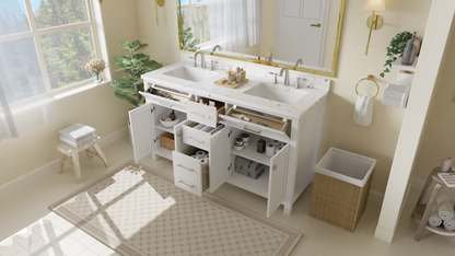 Caroline 60" Double Bath Vanity in White with Cultured Marble Quartz Top and Square Sinks