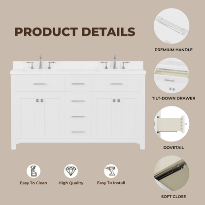 Caroline 60" Double Bath Vanity in White with Cultured Marble Quartz Top and Square Sinks