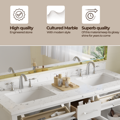Caroline 60" Double Bath Vanity in White with Cultured Marble Quartz Top and Square Sinks