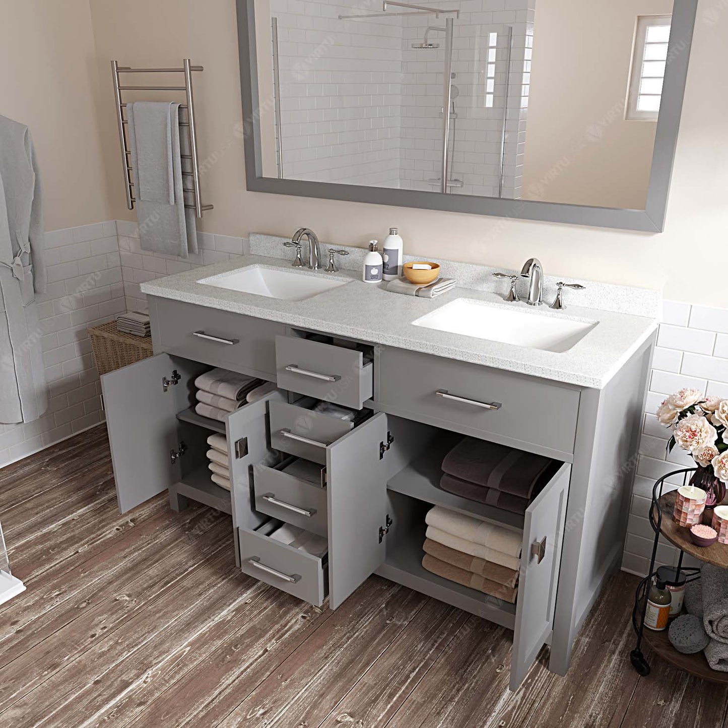 Caroline 60" Double Bath Vanity in Gray with White Quartz Top and Square Sinks
