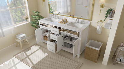 Caroline 60" Double Bath Vanity in White with White Marble Top and Square Sinks