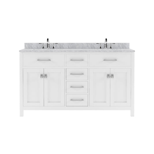 Caroline 60" Double Bath Vanity in White with White Marble Top and Square Sinks