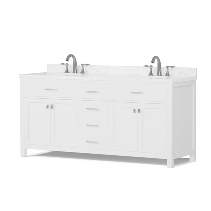 Caroline 72" Double Bath Vanity in White with Cultured Marble Quartz Top and Round Sinks