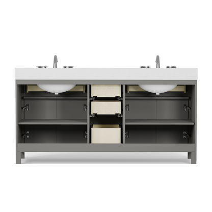 Caroline 72" Double Bath Vanity in Gray with White Quartz Top and Round Sinks
