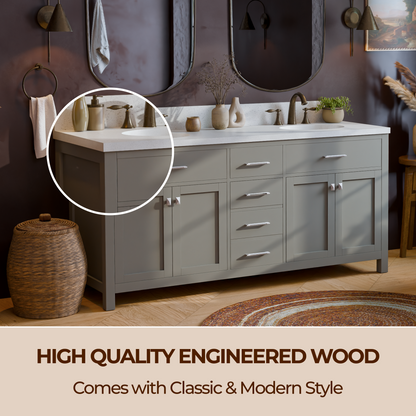 Caroline 72" Double Bath Vanity in Gray with White Quartz Top and Round Sinks