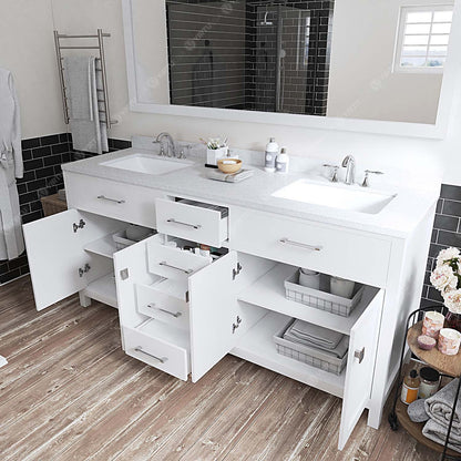 Caroline 72" Double Bath Vanity in White with White Quartz Top and Square Sinks