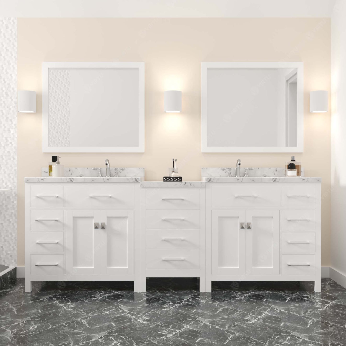 Caroline Parkway 93" Double Bath Vanity in White with Cultured Marble Quartz Top and Square Sinks