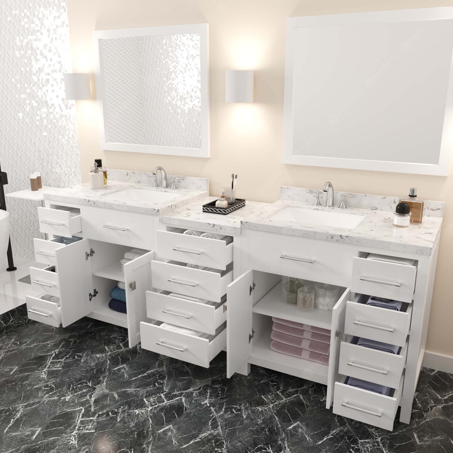 Caroline Parkway 93" Double Bath Vanity in White with Cultured Marble Quartz Top and Square Sinks