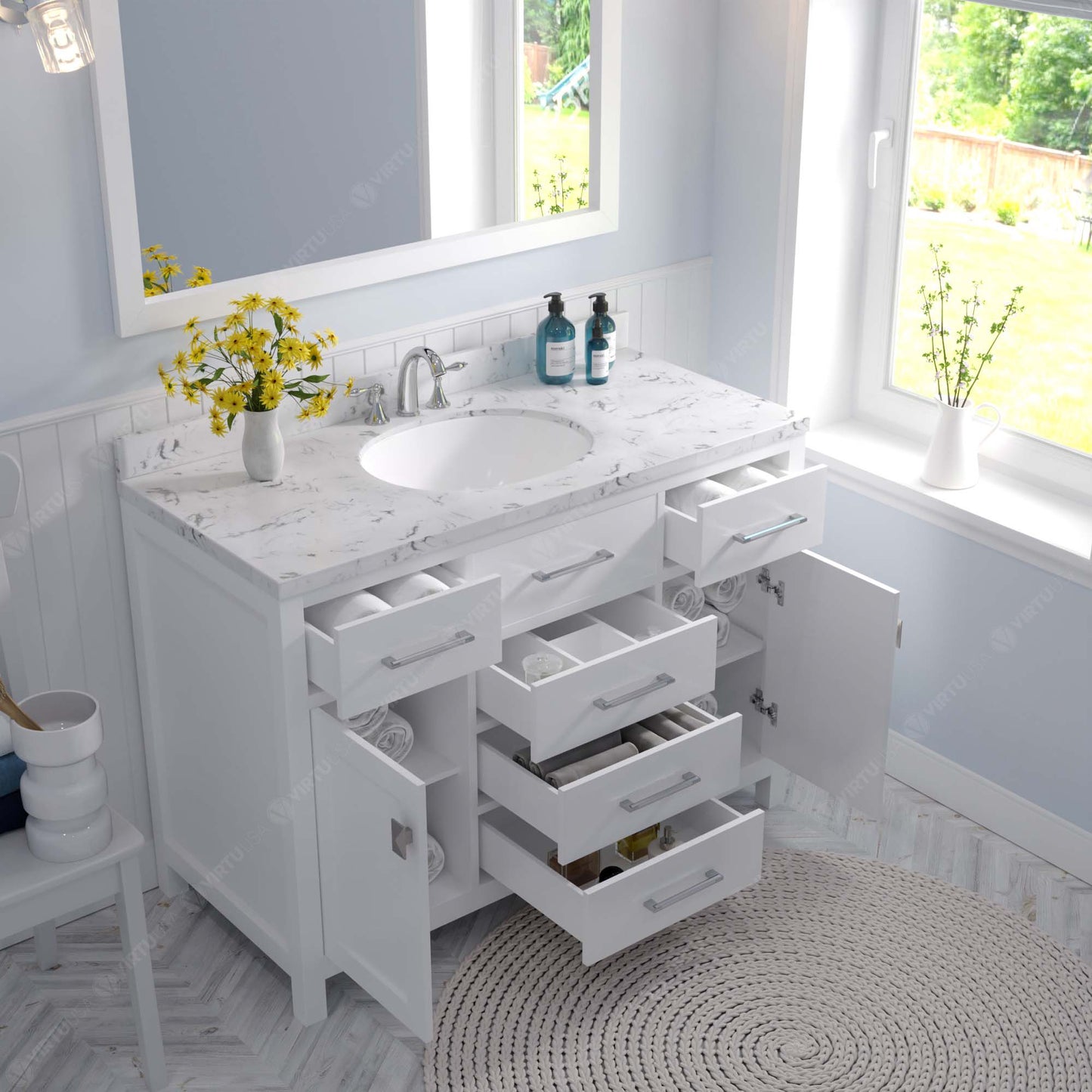 Caroline 48" Single Bath Vanity in White with Cultured Marble Quartz Top and Round Sink