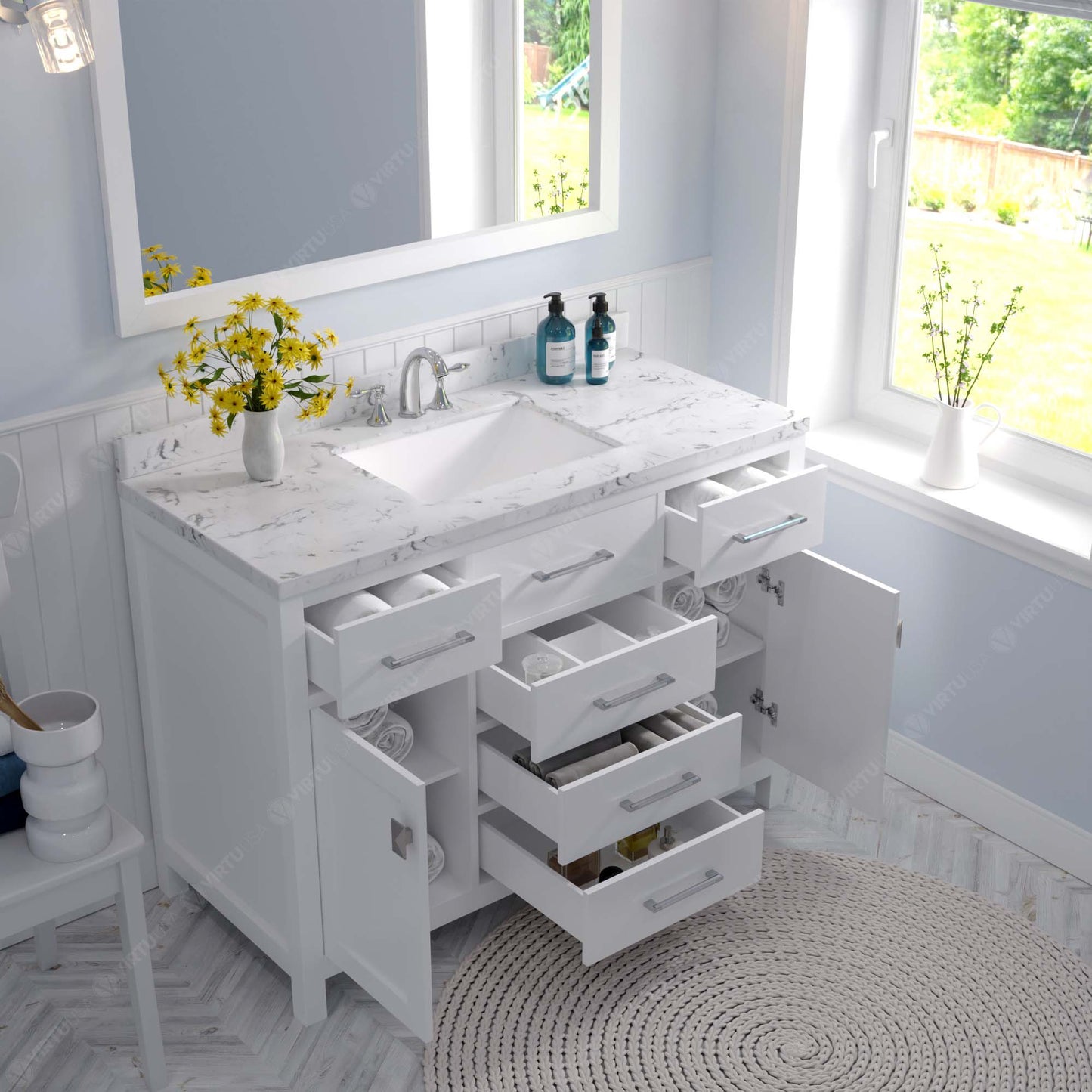 Caroline 48" Single Bath Vanity in White with Cultured Marble Quartz Top and Square Sink