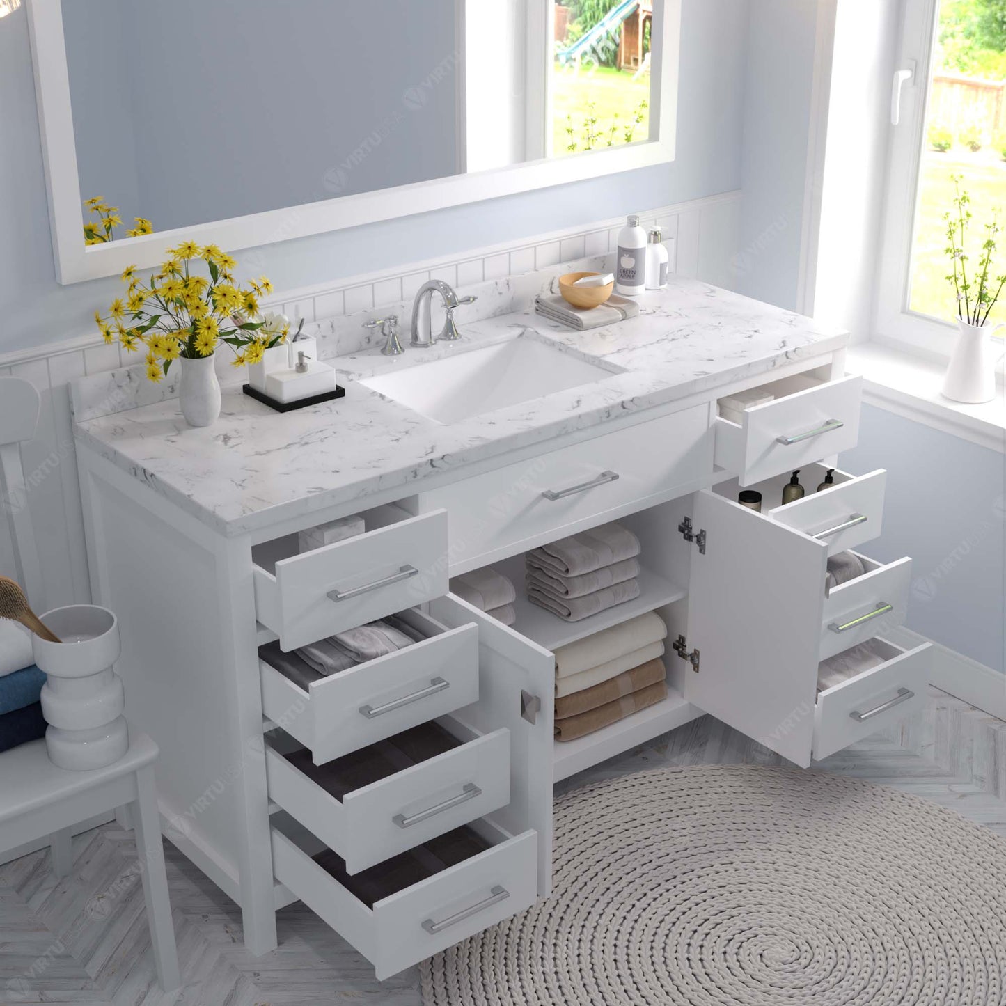 Caroline 60" Single Bath Vanity in White with Cultured Marble Quartz Top and Square Sink