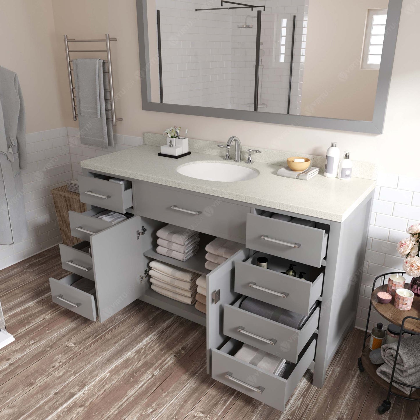Caroline 60" Single Bath Vanity in Gray with White Quartz Top and Round Sink