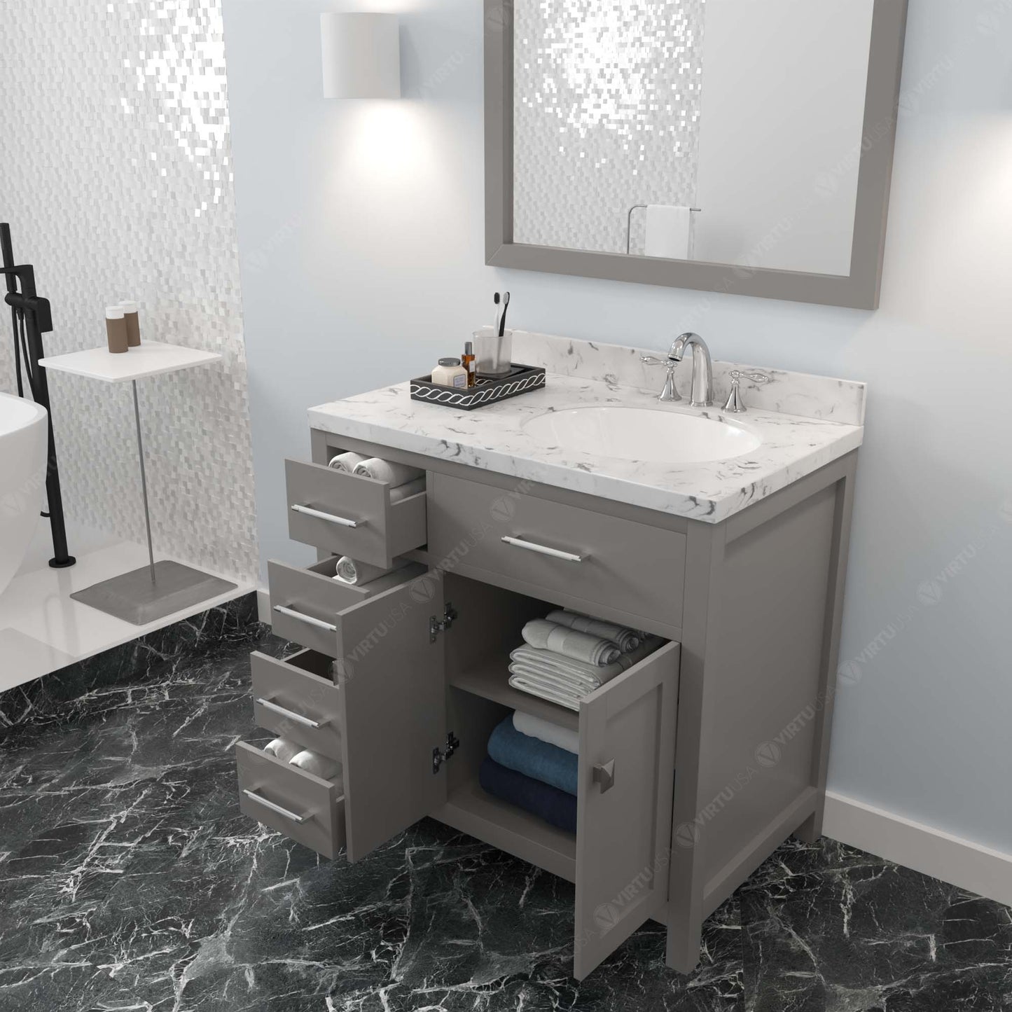 Caroline Parkway 36" Left Single Bath Vanity in Gray with Cultured Marble Quartz Top and Round Sink