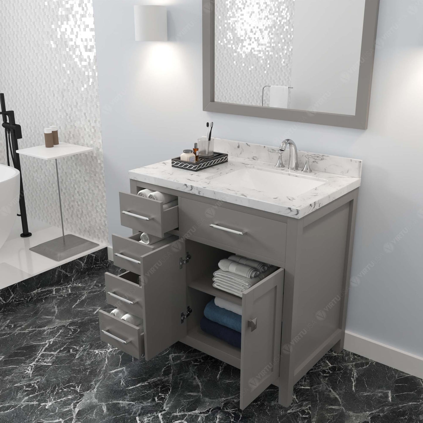 Caroline Parkway 36" Left Single Bath Vanity in Gray with Cultured Marble Quartz Top and Square Sink