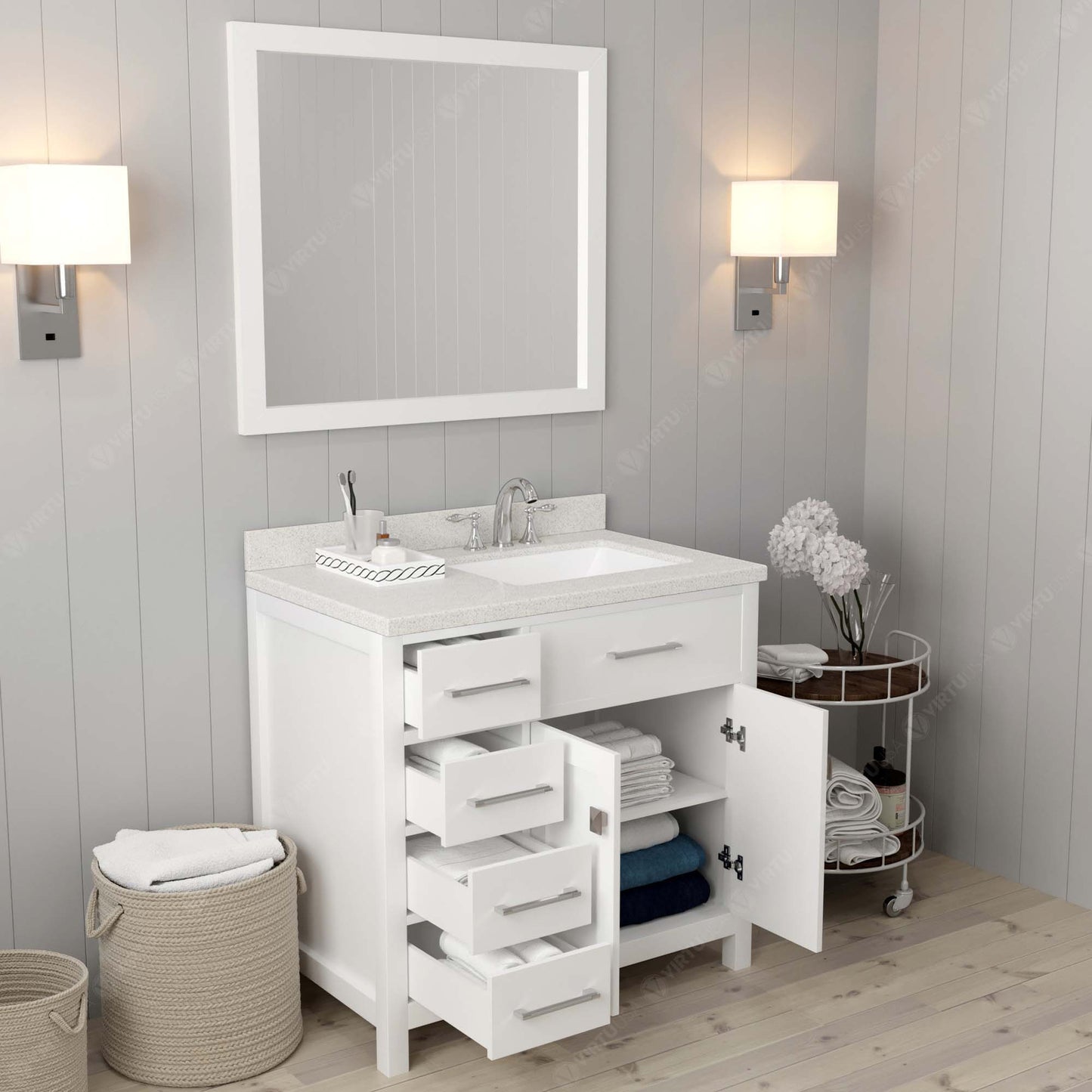 Caroline Parkway 36" Left Single Bath Vanity in White with White Quartz Top and Square Sink
