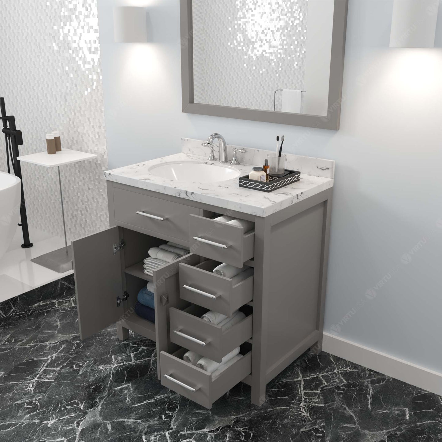 Caroline Parkway 36" Right Single Bath Vanity in Gray with Cultured Marble Quartz Top and Round Sink
