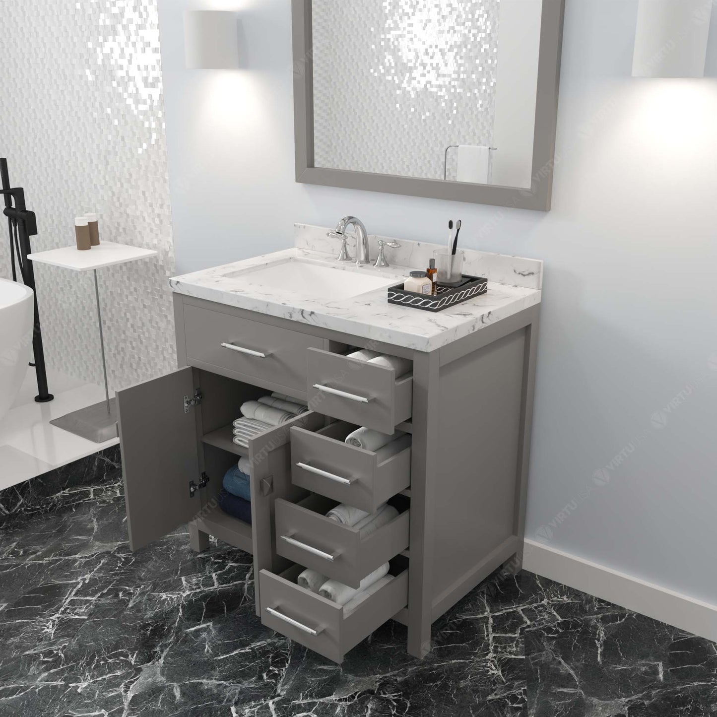 Caroline Parkway 36" Single Bath Vanity in Gray with Cultured Marble Quartz Top and Square Sink