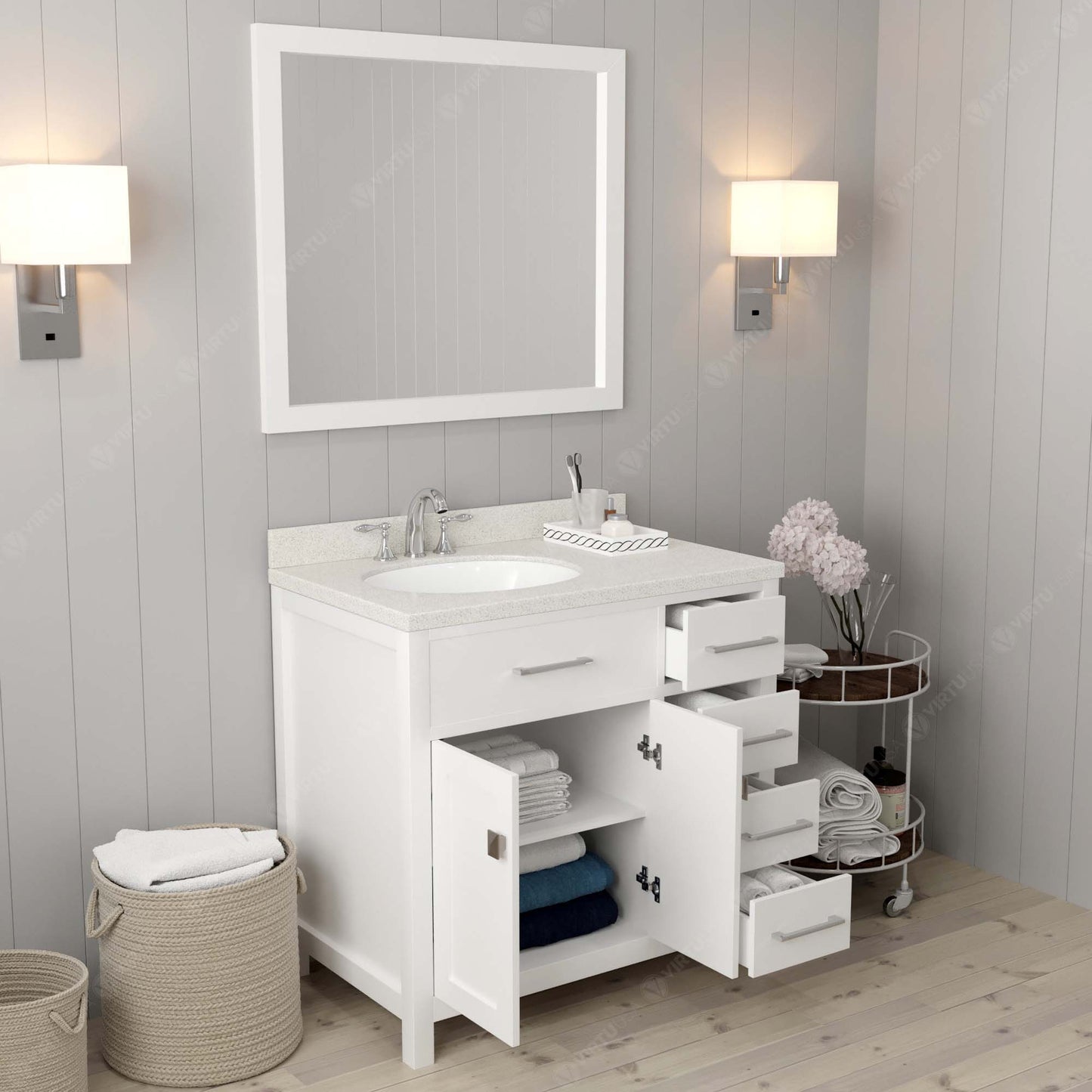 Caroline Parkway 36" Right Single Bath Vanity in White with White Quartz Top and Round Sink