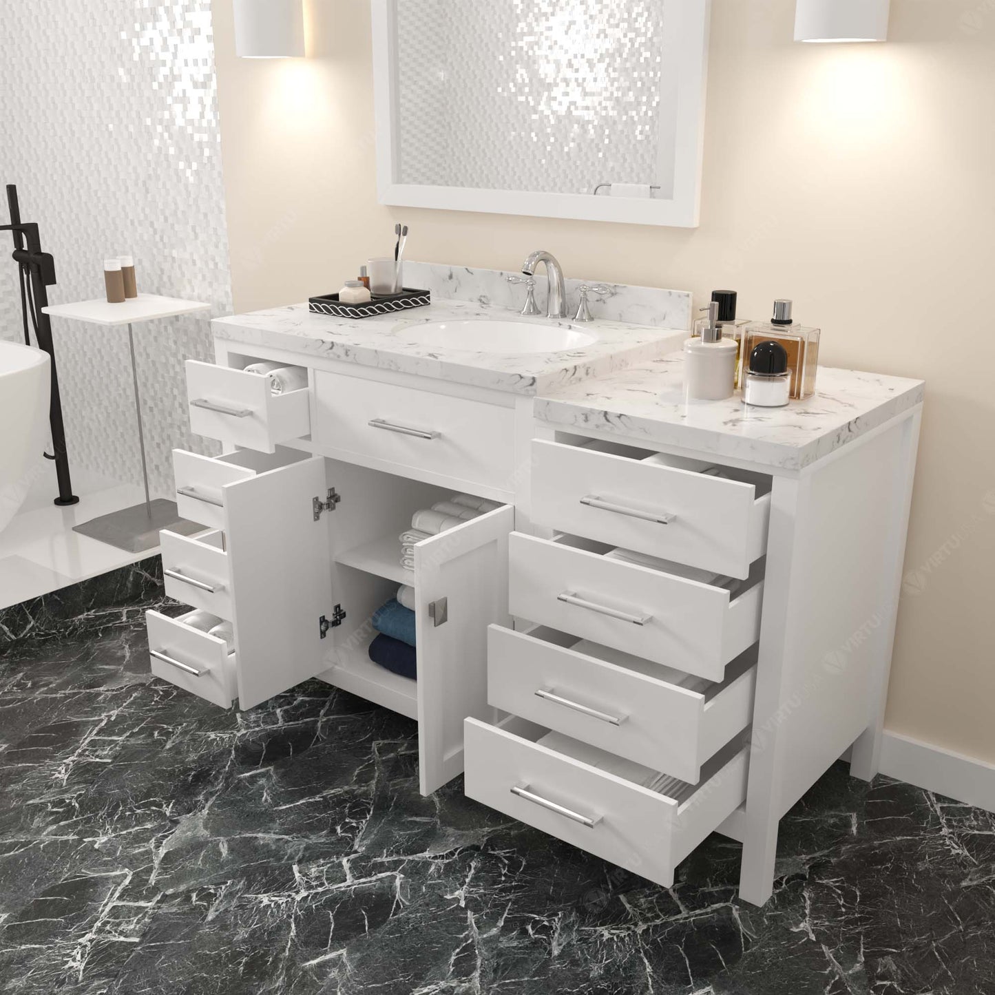 Caroline Parkway 57" Left Single Bath Vanity in White with Cultured Marble Quartz Top and Round Sink