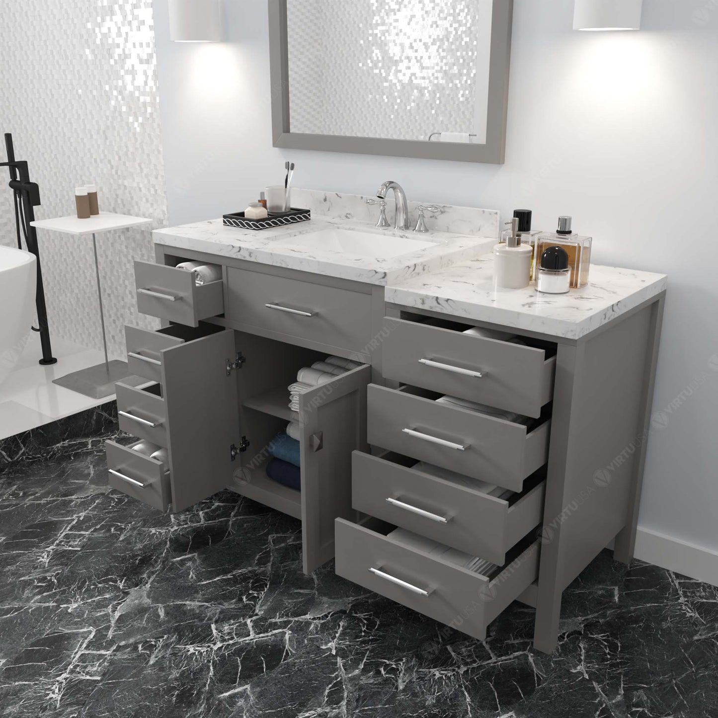 Caroline Parkway 57" Left Single Bath Vanity in Gray with Cultured Marble Quartz Top and Square Sink