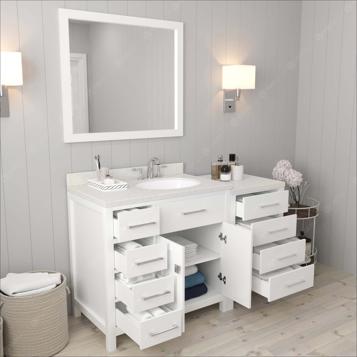 Caroline Parkway 57" Left Single Bath Vanity in White with White Quartz Top and Round Sink