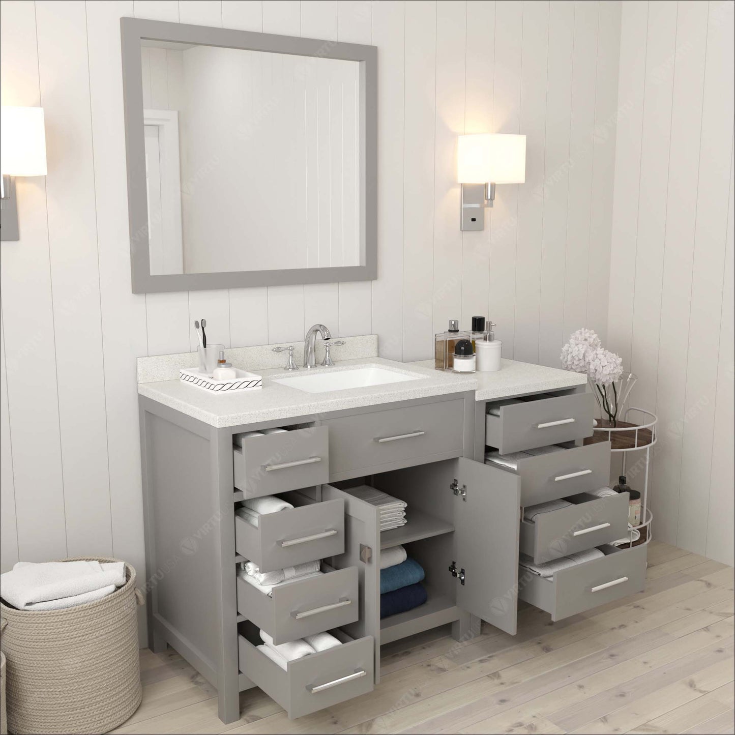 Caroline Parkway 57" Left Single Bath Vanity in Gray with White Quartz Top and Square Sink