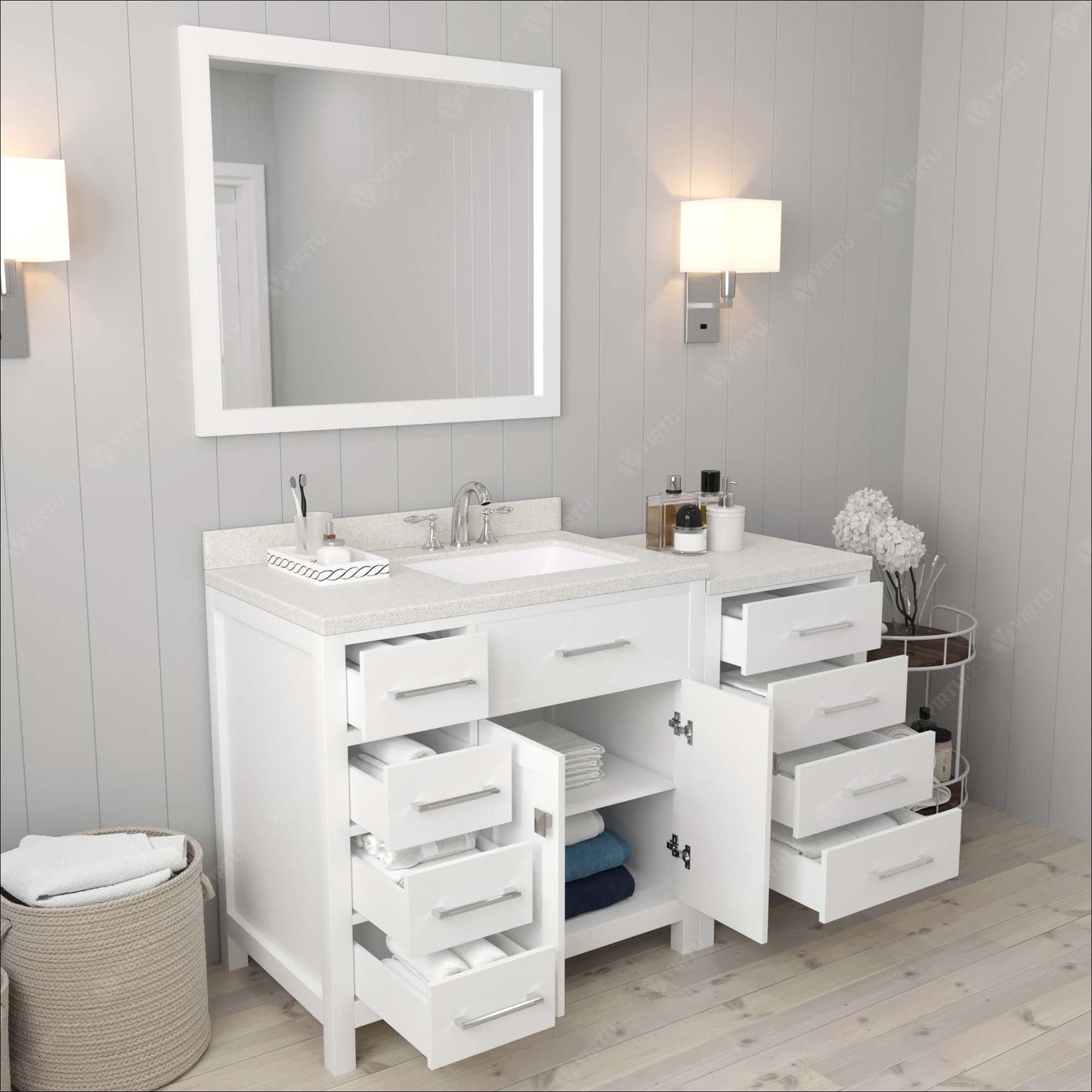Caroline Parkway 57" Left Single Bath Vanity in White with White Quartz Top and Square Sink