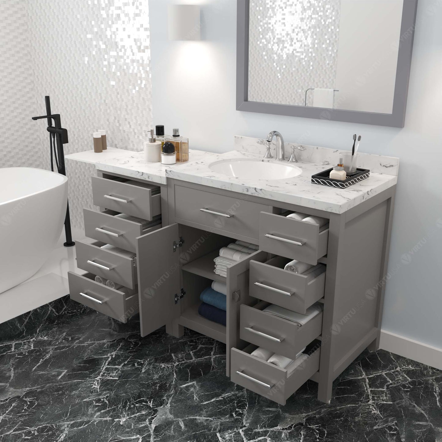 Caroline Parkway 57" Right Single Bath Vanity in Gray with Cultured Marble Quartz Top and Round Sink