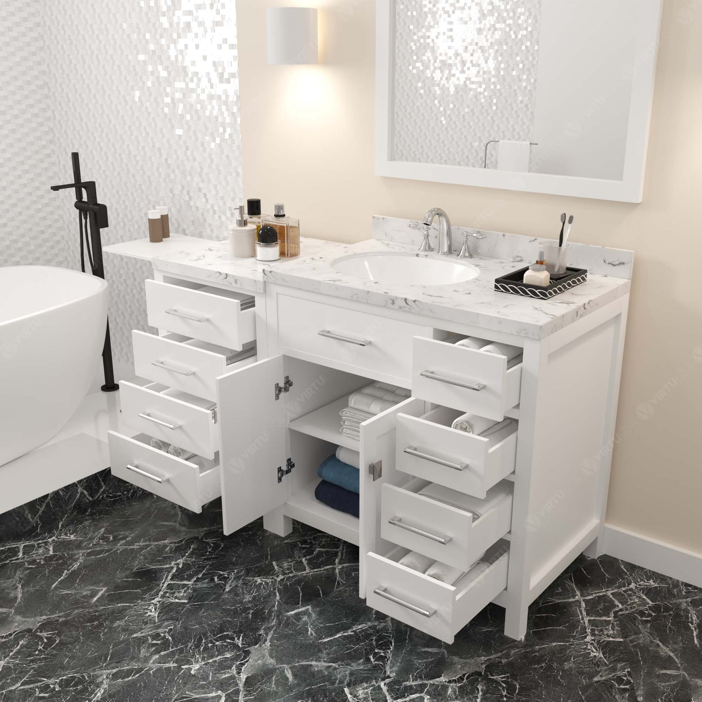 Caroline Parkway 57" Right Single Bath Vanity in White with Cultured Marble Quartz Top and Round Sink