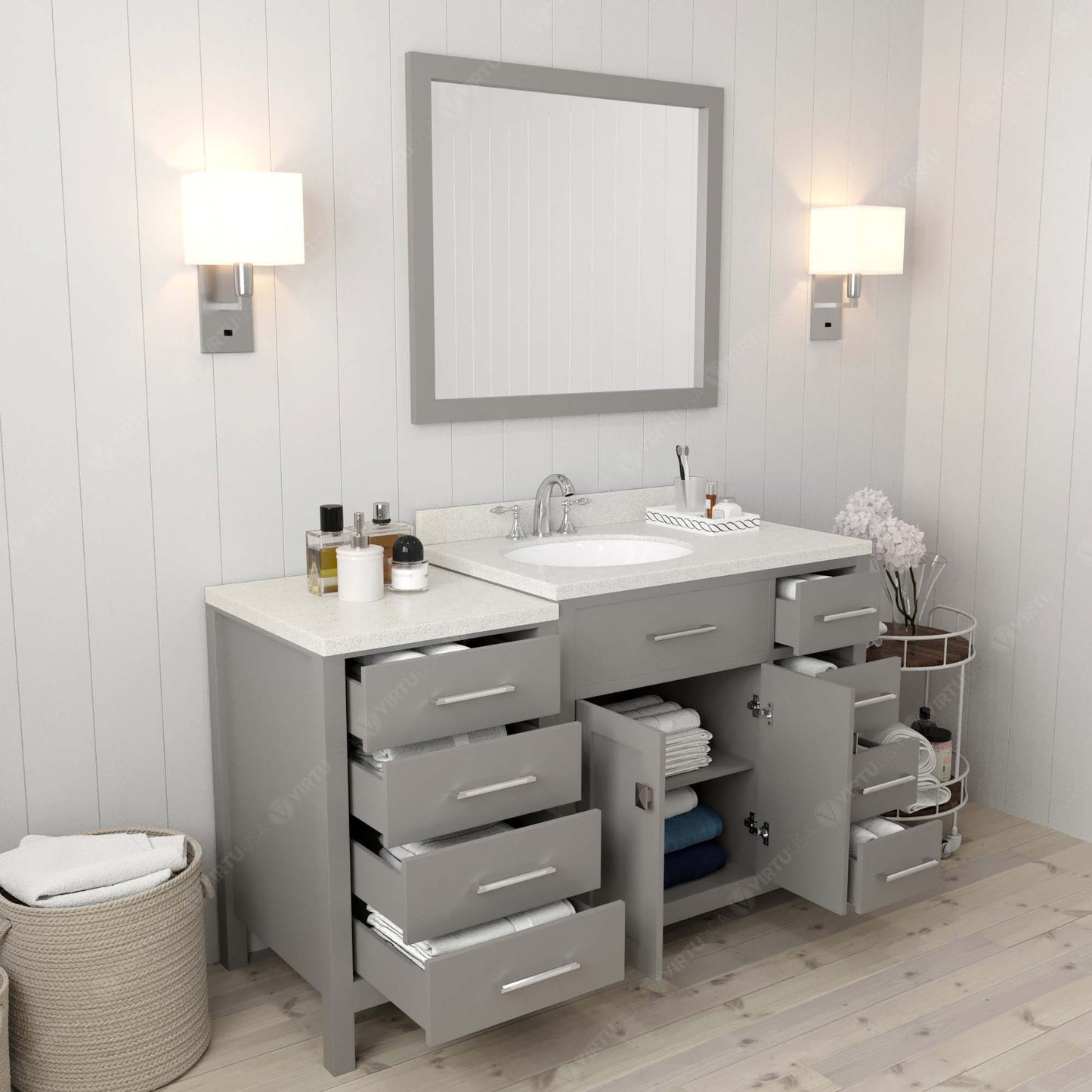Caroline Parkway 57" Right Single Bath Vanity in Gray with White Quartz Top and Round Sink