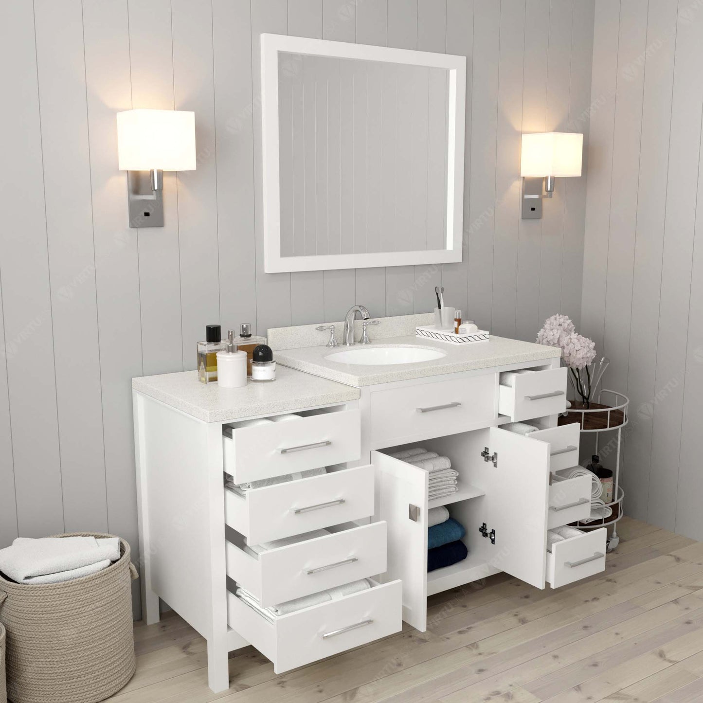 Caroline Parkway 57" Right Single Bath Vanity in White with White Quartz Top and Round Sink