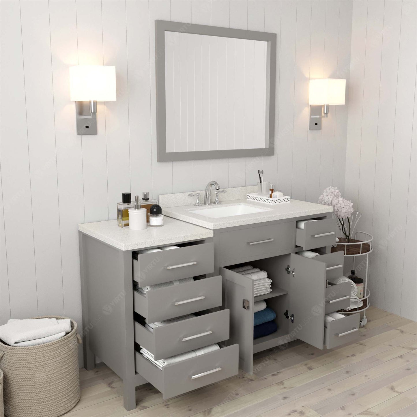 Caroline Parkway 57" Right Single Bath Vanity in Gray with White Quartz Top and Square Sink