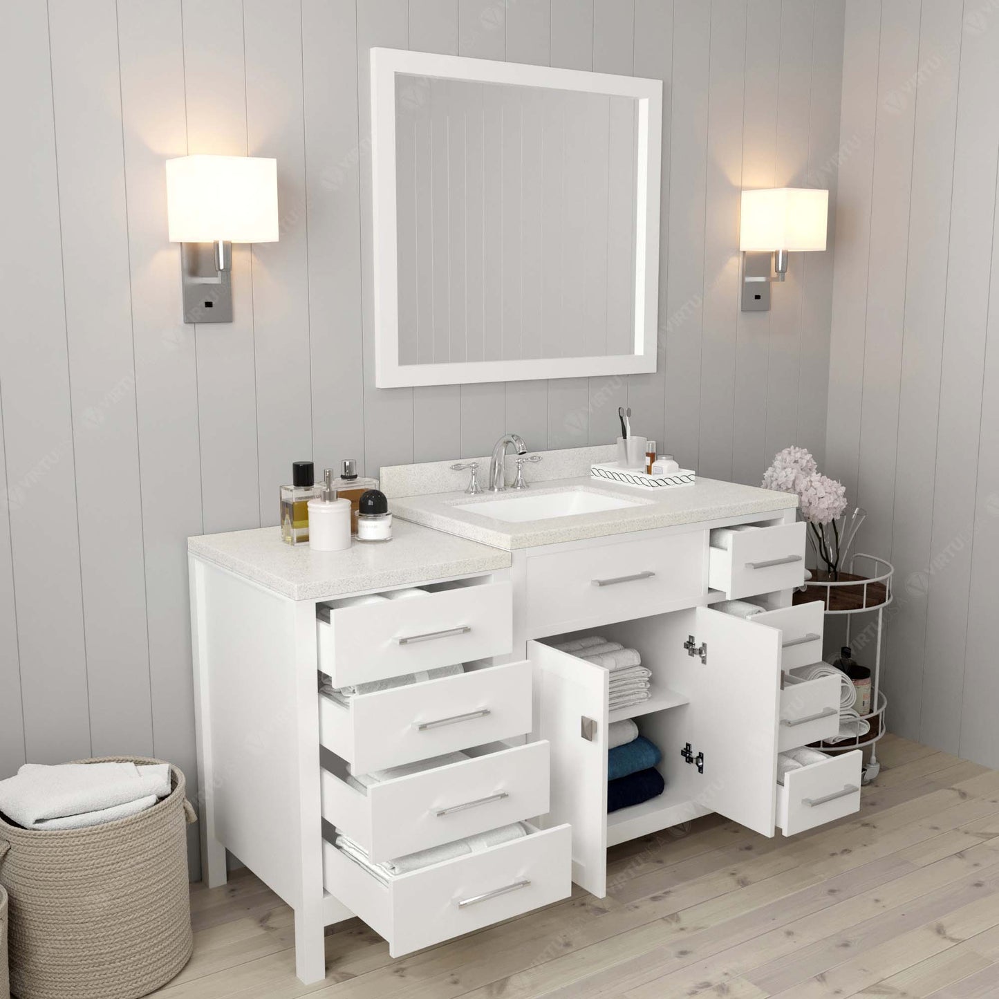 Caroline Parkway 57" Right Single Bath Vanity in White with White Quartz Top and Square Sink