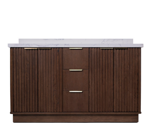 Kathryn 72" Double Vanity with Square Sinks and Statuario Venato Marble Quartz Top in Dark Oak