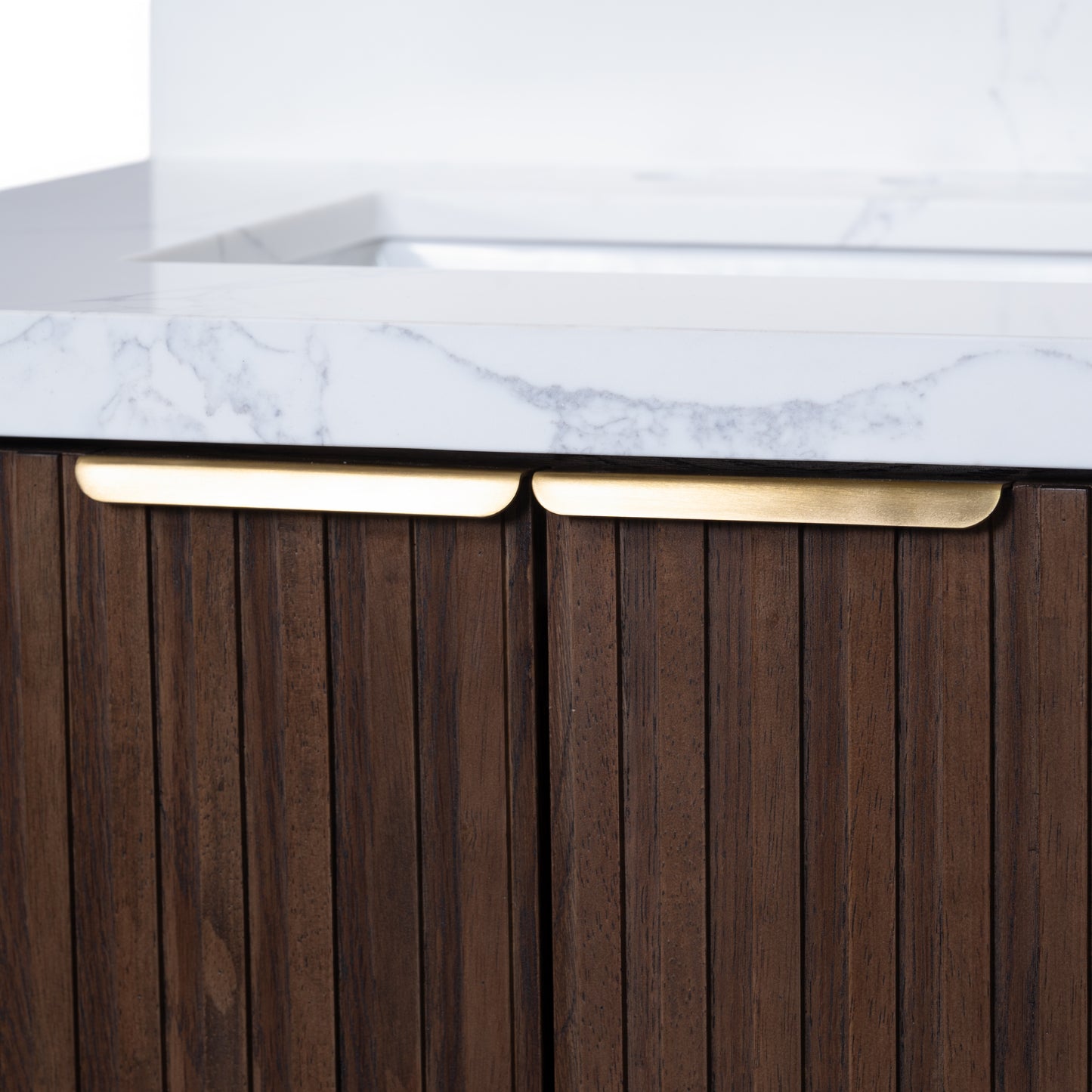Kathryn 72" Double Vanity with Square Sinks and Statuario Venato Marble Quartz Top in Dark Oak