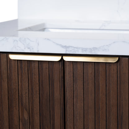 Kathryn 72" Double Vanity with Square Sinks and Statuario Venato Marble Quartz Top in Dark Oak