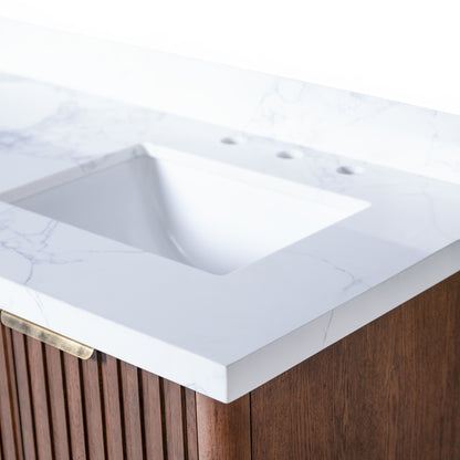 Kathryn 72" Double Vanity with Square Sinks and Statuario Venato Marble Quartz Top in Dark Oak