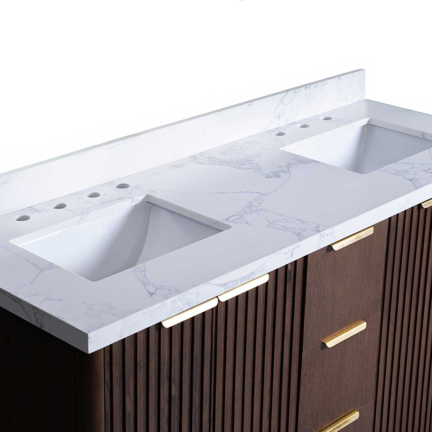 Kathryn 72" Double Vanity with Square Sinks and Statuario Venato Marble Quartz Top in Dark Oak