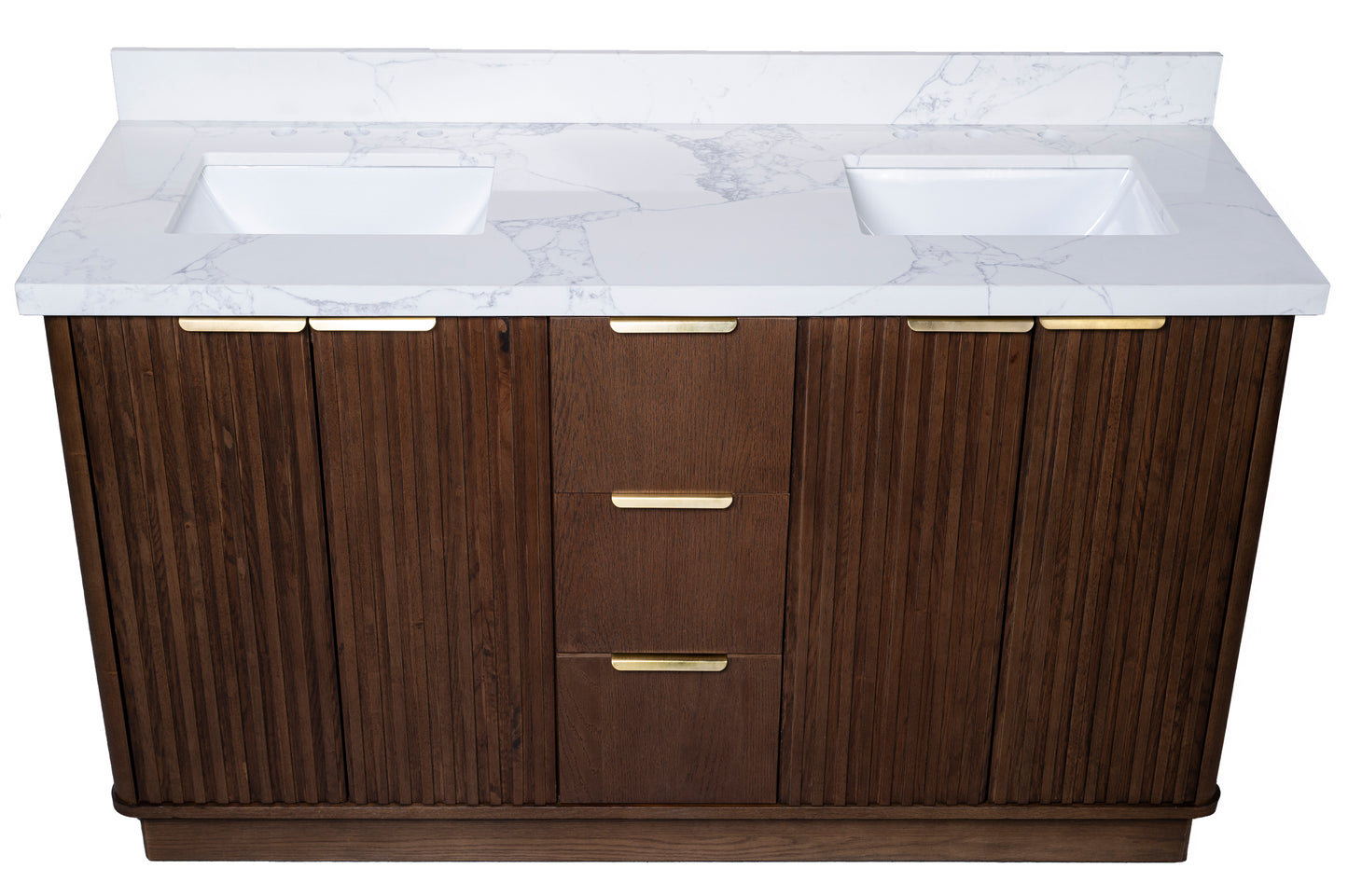 Kathryn 72" Double Vanity with Square Sinks and Statuario Venato Marble Quartz Top in Dark Oak