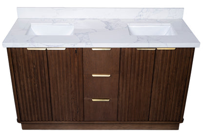 Kathryn 72" Double Vanity with Square Sinks and Statuario Venato Marble Quartz Top in Dark Oak