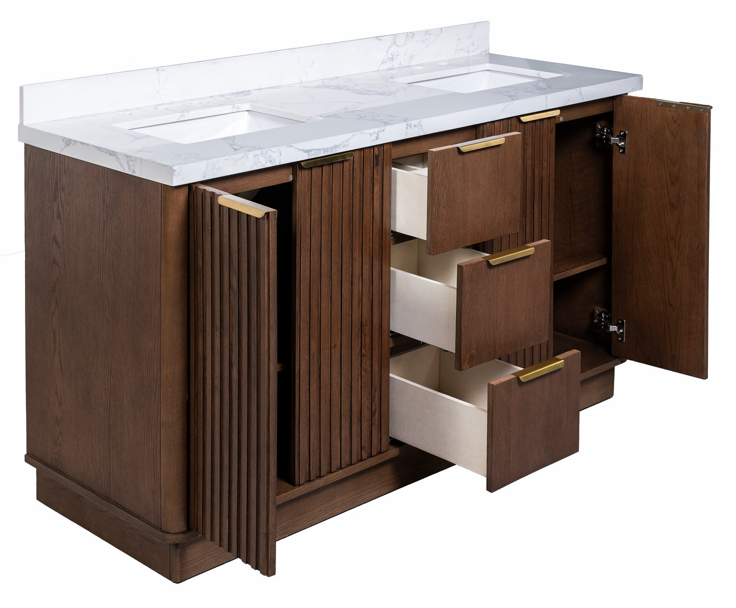 Kathryn 72" Double Vanity with Square Sinks and Statuario Venato Marble Quartz Top in Dark Oak
