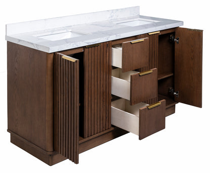 Kathryn 72" Double Vanity with Square Sinks and Statuario Venato Marble Quartz Top in Dark Oak