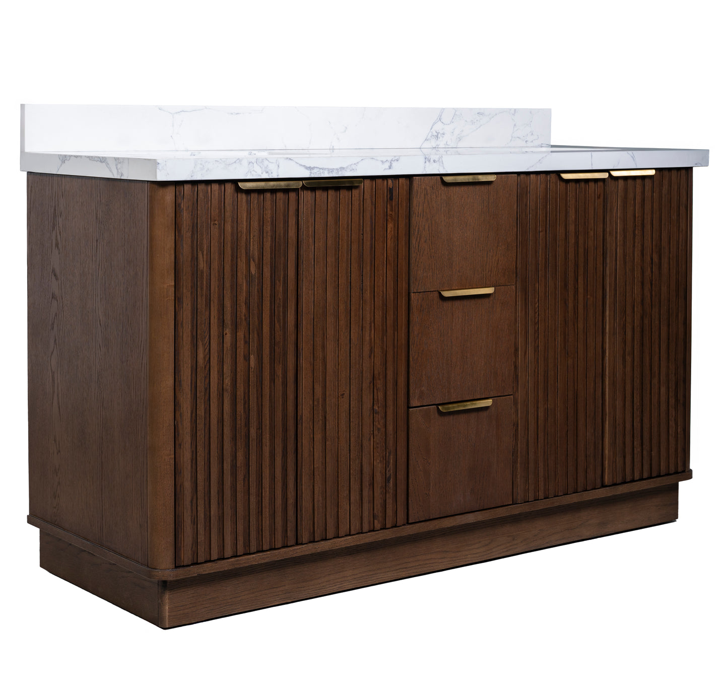 Kathryn 72" Double Vanity with Square Sinks and Statuario Venato Marble Quartz Top in Dark Oak